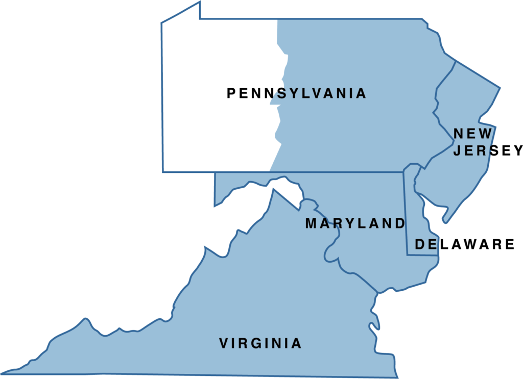 Territory Map showing coverage of Maryland, Virginia, Delaware, Washington D.C., New Jersey, and Eastern Pennsylvania